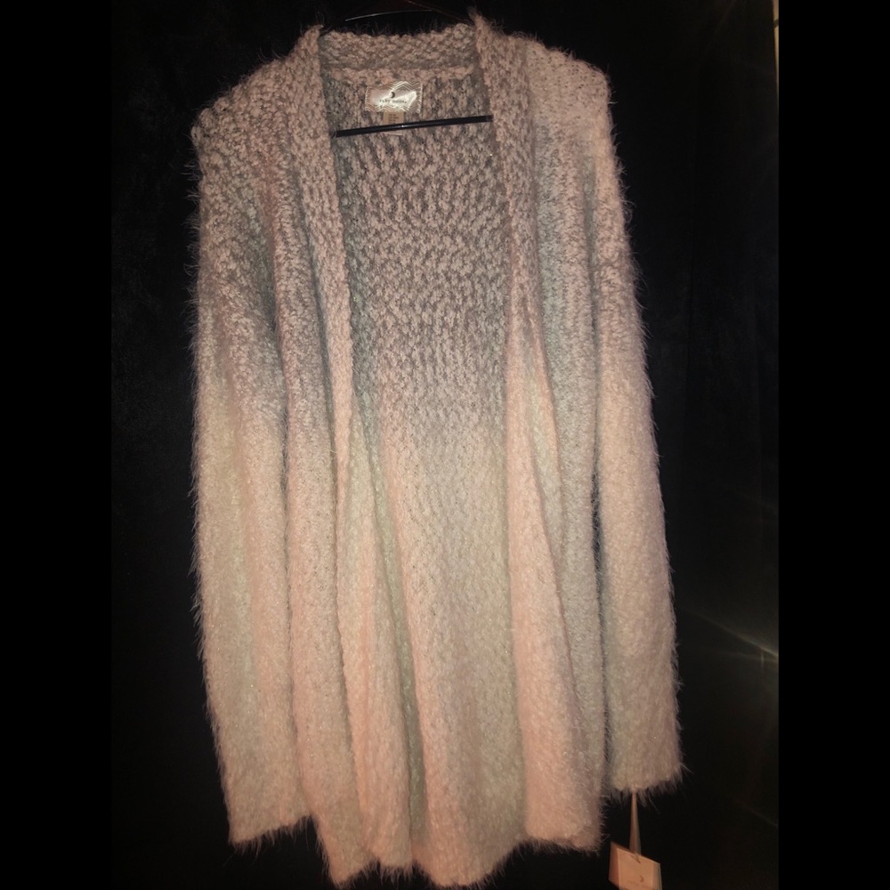 White/grey ombré fuzzy cardigan with gold sparkles